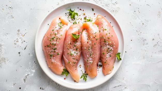 Peitos de frango crus temperados com ervas prontos para cozinhar