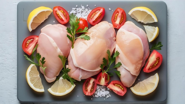 Peitos de frango em alto ângulo de visão na tábua de corte com sal de tomate de limão na superfície cinzenta