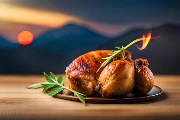 Foto peitos de frango estão em um prato com um pedaço de bambu do lado