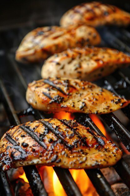 Peitos de frango suculentos grelhados em chamas abertas