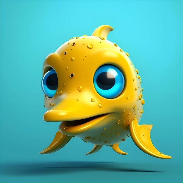 Peixe amarelo de desenho animado com olhos azuis em fundo azul ilustração 3D