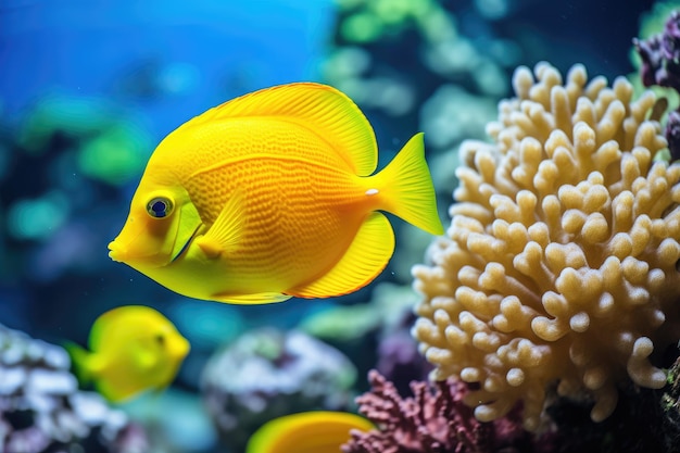Peixe amarelo no recife de coral