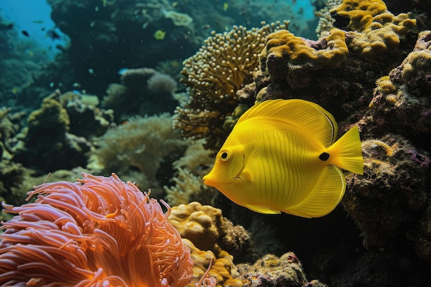 Peixe amarelo no recife de coral