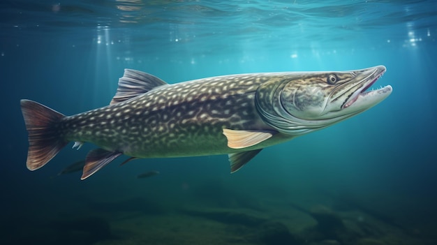 Peixe Amur pike nadando no mar imagem subaquática AI Gerada Imagem