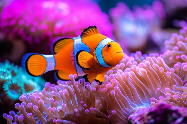 Peixe-anêmona bonito brincando no recife de coral peixe-palhaço de cor linda em feias de coral
