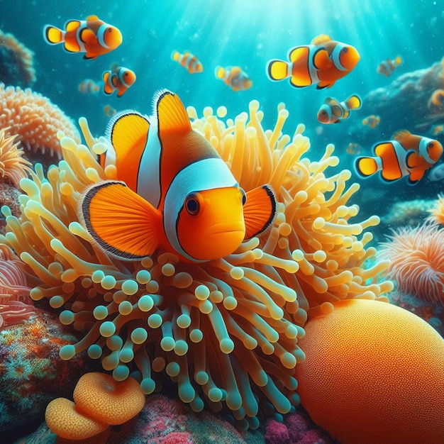 Peixe anêmona bonito brincando no recife de coral peixe palhaço de cores bonitas em feefs de coral