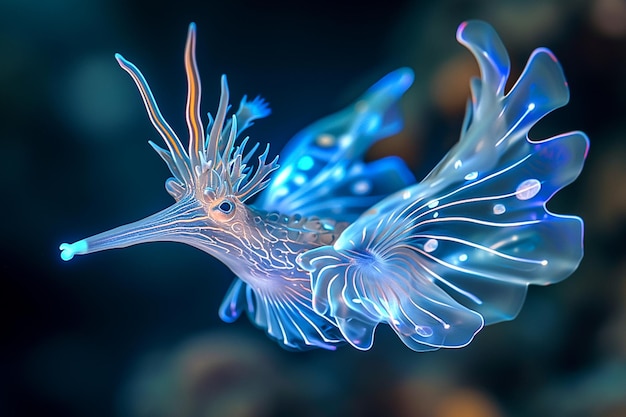Foto peixe arafado com luzes azuis e brancas em seu corpo