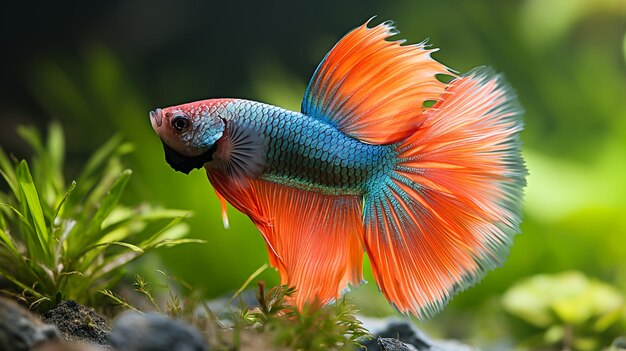 Foto peixe arafe com cauda laranja e azul em um aquário