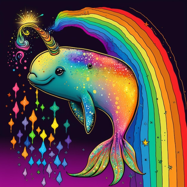 Peixe arco-íris com uma cauda de arco-íris e uma estrela no fundo ai generativo
