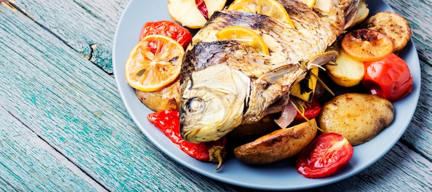 Peixe assado com guarnição de legumes