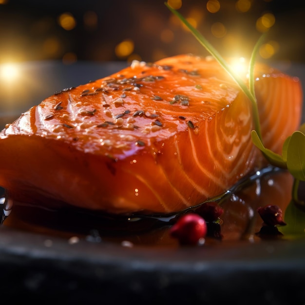 Peixe assado de perto filmado no restaurante Salmão grelhado delicioso