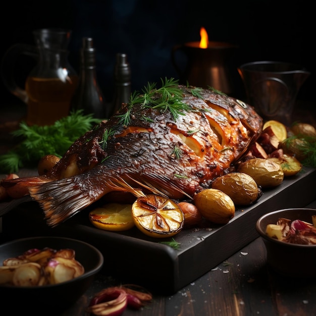 Peixe assado guarnecido com rodelas de limão servido com legumes