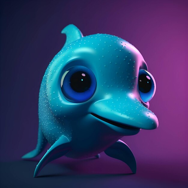 Peixe azul engraçado com olhos grandes em um fundo roxo renderização 3D