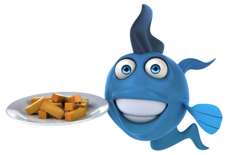 Foto peixe azul ilustrado engraçado, segurando um prato de batatas fritas