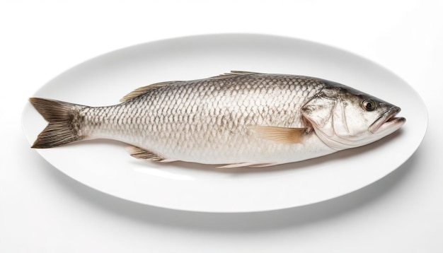 peixe barramundi ou barro marinho em prato isolado em fundo branco