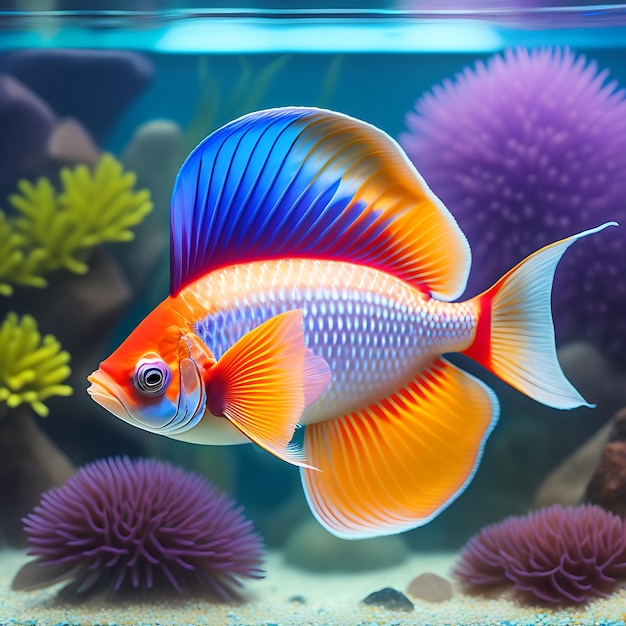 Peixe Beta bonito em um aquário Barbatanas marinhas coloridas na água