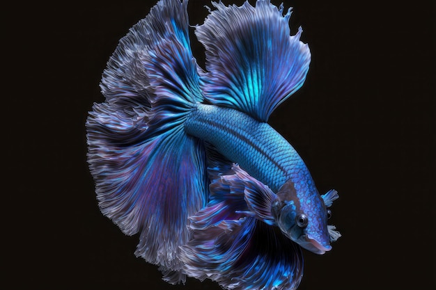 Peixe betta selvagem azul brilhante espalha suas barbatanas em fundo preto criado com generative ai