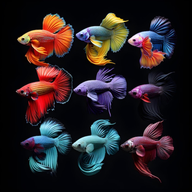 Foto peixe betta tropical em muitas cores diferentes com fundo preto gerado por ai