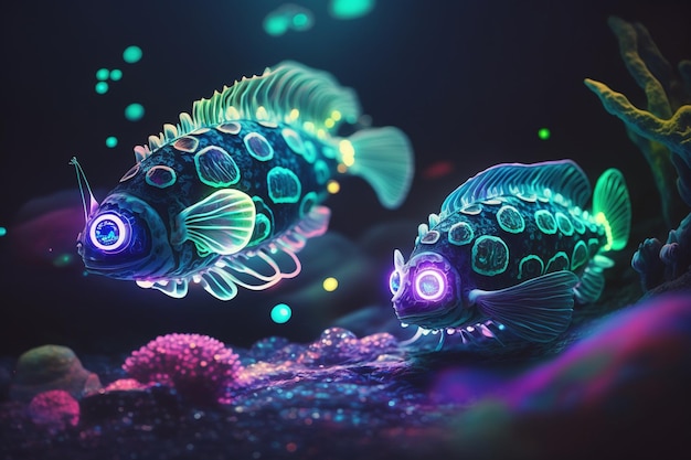 Peixe brilhante gêmeo do fundo do mar Uma exibição radiante de bioluminescência