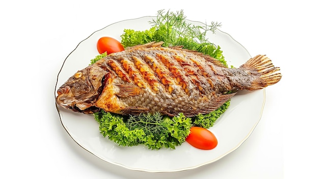 Foto peixe churrasco imagem isolada fresca em fundo branco churrasco peixe em decoração de prato com latus
