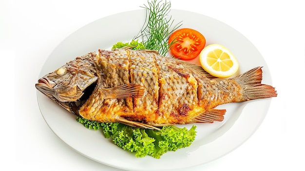 peixe churrasco imagem isolada fresca em fundo branco churrasco peixe em decoração de prato com latus