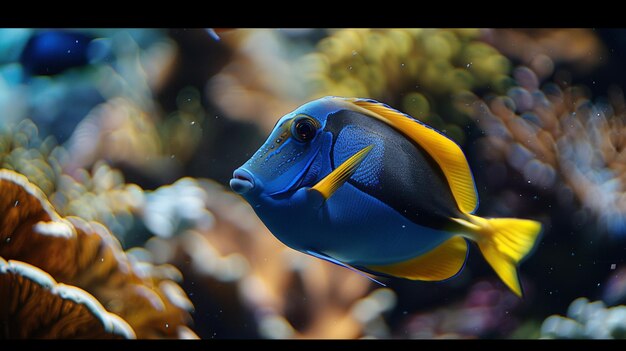 Peixe-cirurgião azul na água colorida com planta Foto gerada por IA