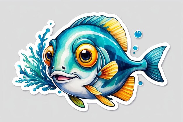 Peixe cirurgião desenho animado engraçado kawaii clipart aquarela colorida ilustração de adesivo de animal marinho