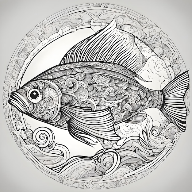 Foto peixe colorido ilustração de design de tatuagem com fundo de linha preta e branca