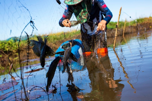 Peixe com rede de pesca masculino na manhã do lago.