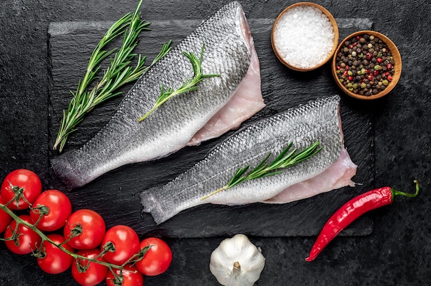 peixe cru com especiarias em uma mesa de pedra