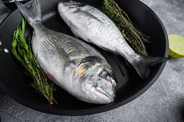 Peixe crua dourada ou dourada na grelha com ingredientes