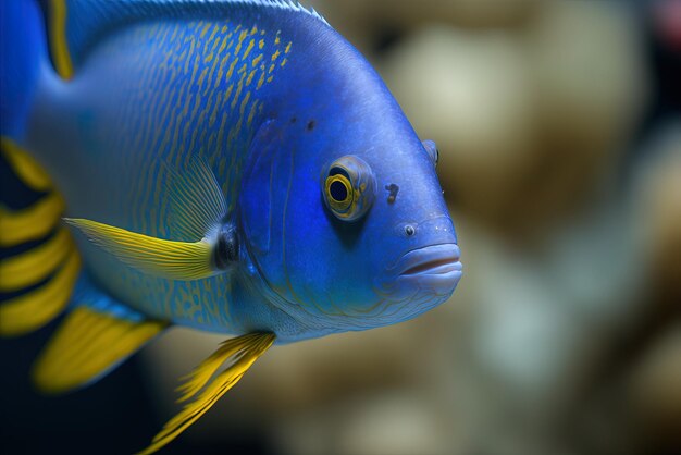 Foto peixe de aquário de perto um azul e um amarelo