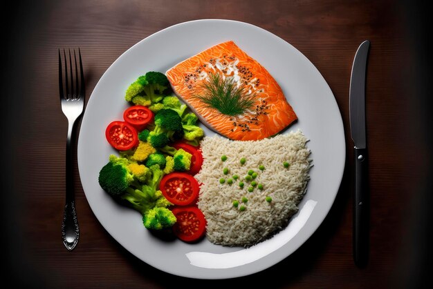 Peixe de arroz e legumes de salada num prato IA generativa