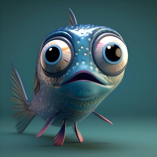 Peixe de desenho animado com olhos grandes na ilustração 3d de fundo azul