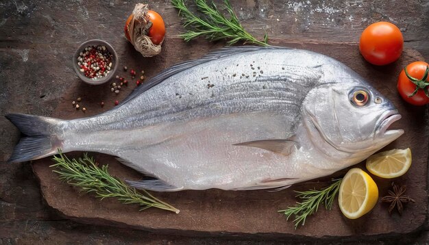 Peixe de mar cru dorado com ervas e especiarias em um fundo rústico