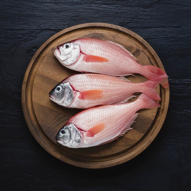 Foto peixe de mar cru em tábua de madeira em fundo rústico escuro