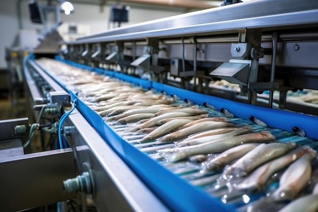 Peixe de mar cru em um transportador de fábrica Produção de conservas de peixe