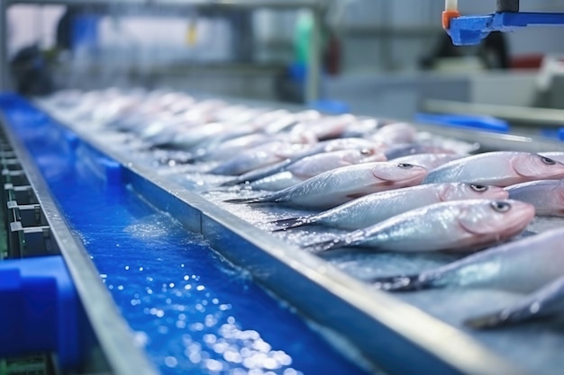 Peixe de mar cru num transportador de fábrica Produção de conservas de peixe