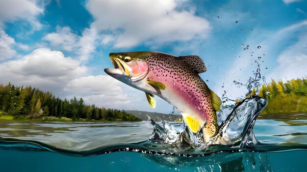 Peixe de pesca de truta arco-íris saltando com salpicos na água