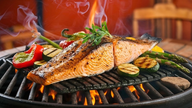 Peixe de salmão grelhado com vários vegetais na grelha em chamas