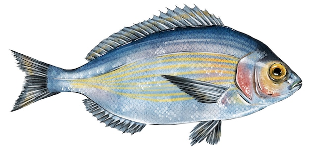 Peixe desenhado à mão em aquarela e tinta Frutos do mar deliciosos Ideal para um menu de restaurante ou rótulo de produto