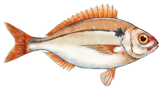 Peixe desenhado à mão em aquarela e tinta Frutos do mar deliciosos Ideal para um menu de restaurante ou rótulo de produto