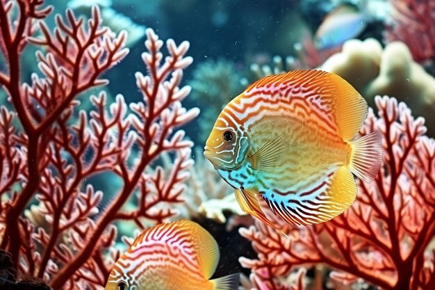 Foto peixe disco tropical symphysodon perto de recifes de coral como fundo de vida marinha subaquática na natureza