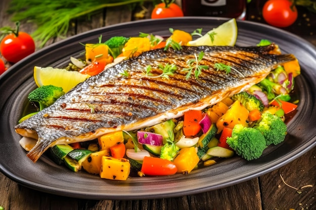 Peixe dorada saboroso grelhado com legumes e molho em fundo de madeira Ai gerado