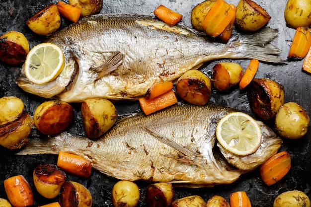 Peixe Dorado assado com legumes