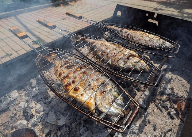 Peixe dorado marinho na grelha a carvão