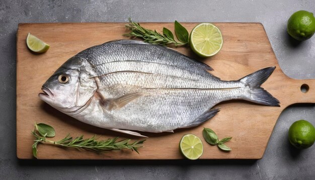 Peixe dorado ou brasa orgânico fresco em madeira com ervas e limão Fundo cinza