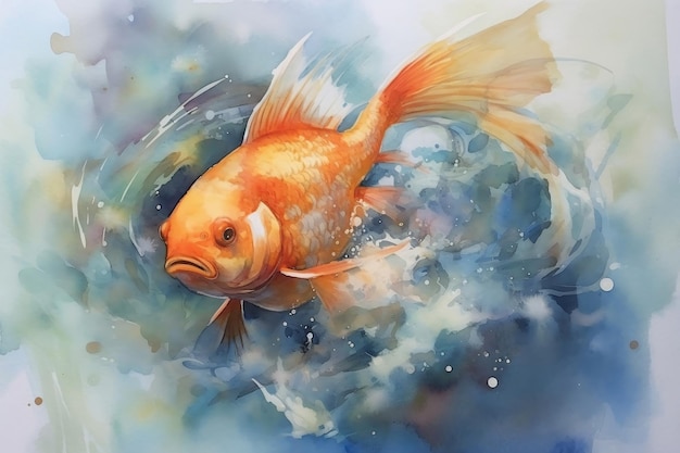 Peixe dourado aquarelado no mundo subaquático