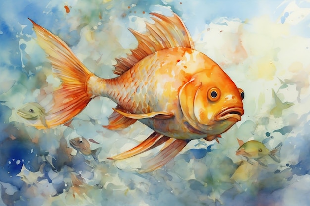 Peixe dourado aquarelado no mundo subaquático