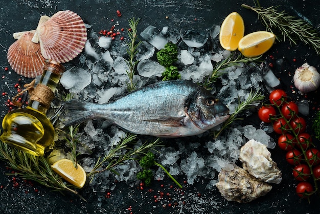 Peixe dourado cru no gelo em um fundo escuro vista superior postura plana